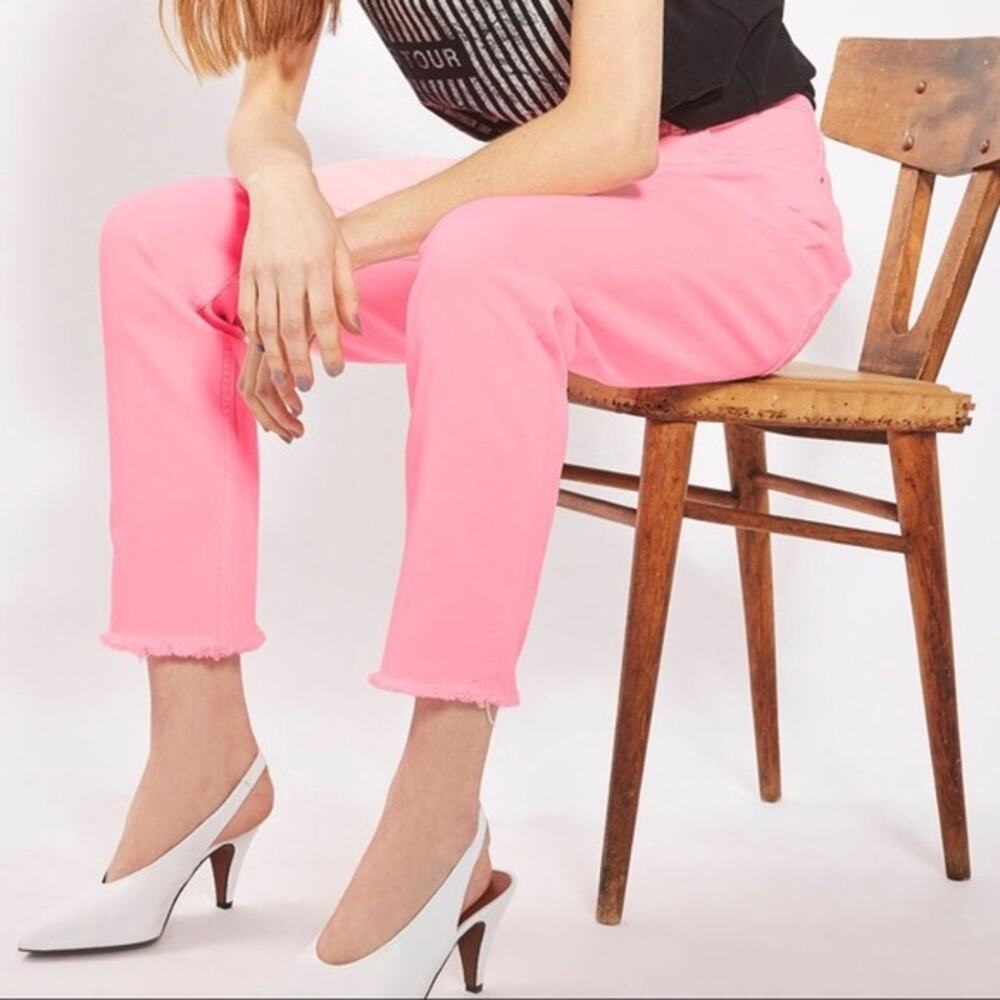 TopShop Womens Jeans Size 28 W28 Moto Neon Pink Raw Hem‎ Straight Leg Cropped